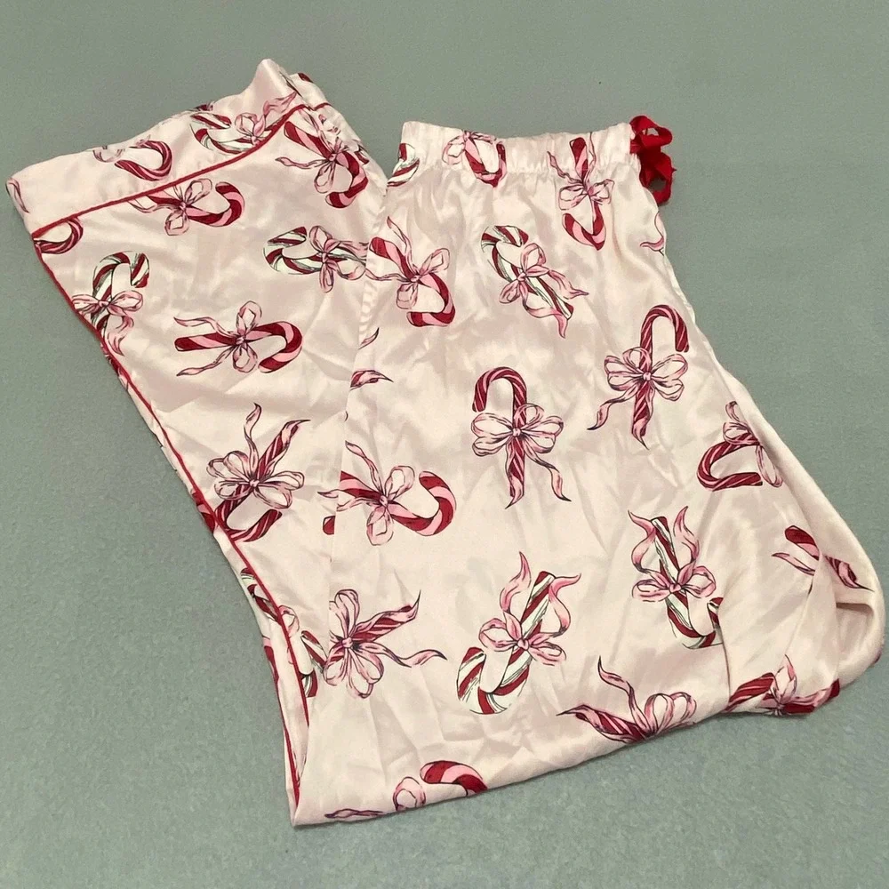 Victoria's Secret Pink Candy Cane Bow Satin Pajama Set L Holiday Sleepwear